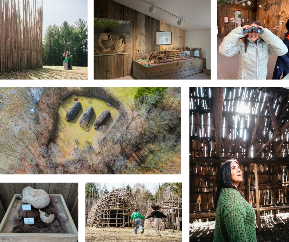 A collage of 7 images:<br />
1: a family looks at a large log wall<br />
2: a display of a model longhouse and a painting of people making pottery<br />
3: a young girl looks through binnoculars<br />
4: an aerial image of a re-creation longhouse village<br />
5: a woman looks at the structure of a longhouse<br />
6: two clay pots<br />
7: two young women run towards a longhouse