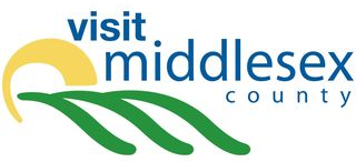 Logo for Visit Middlesex County. Text is in blue with a representation of a sun over a green field.