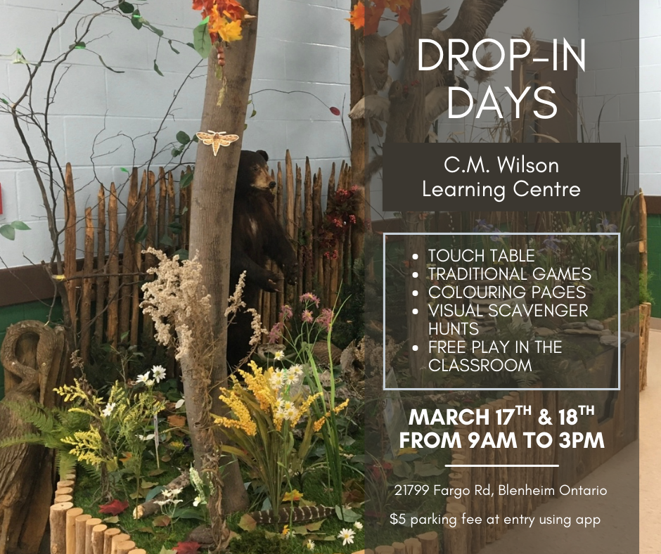 Promotional information overlaid on a seasonal display of plants and animals. Text reads: Drop-In Days C.M. Wilson Learning Centre - Touch Table - Traditional Games - Colouring Pages - Visual Scavender Hunts - Free Play in the Classroom March 17th & 18th From 9 a.m. to 3 p.m. 21977 Fargo Rd., Blenheim Ontario $5 parking fee at entry using app